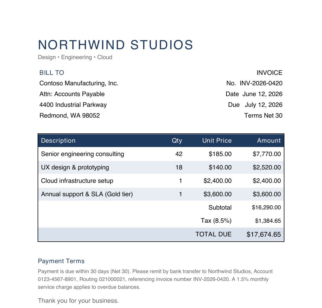 Invoice PDF generated by Rivoli PDF: company header, line-item table with computed totals, payment terms